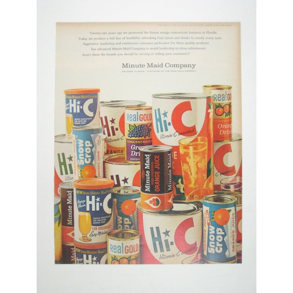 Vintage 1966 Minute Maid Hi-C Orange Juice Real Gold Print Ad Kitchen Food Decor